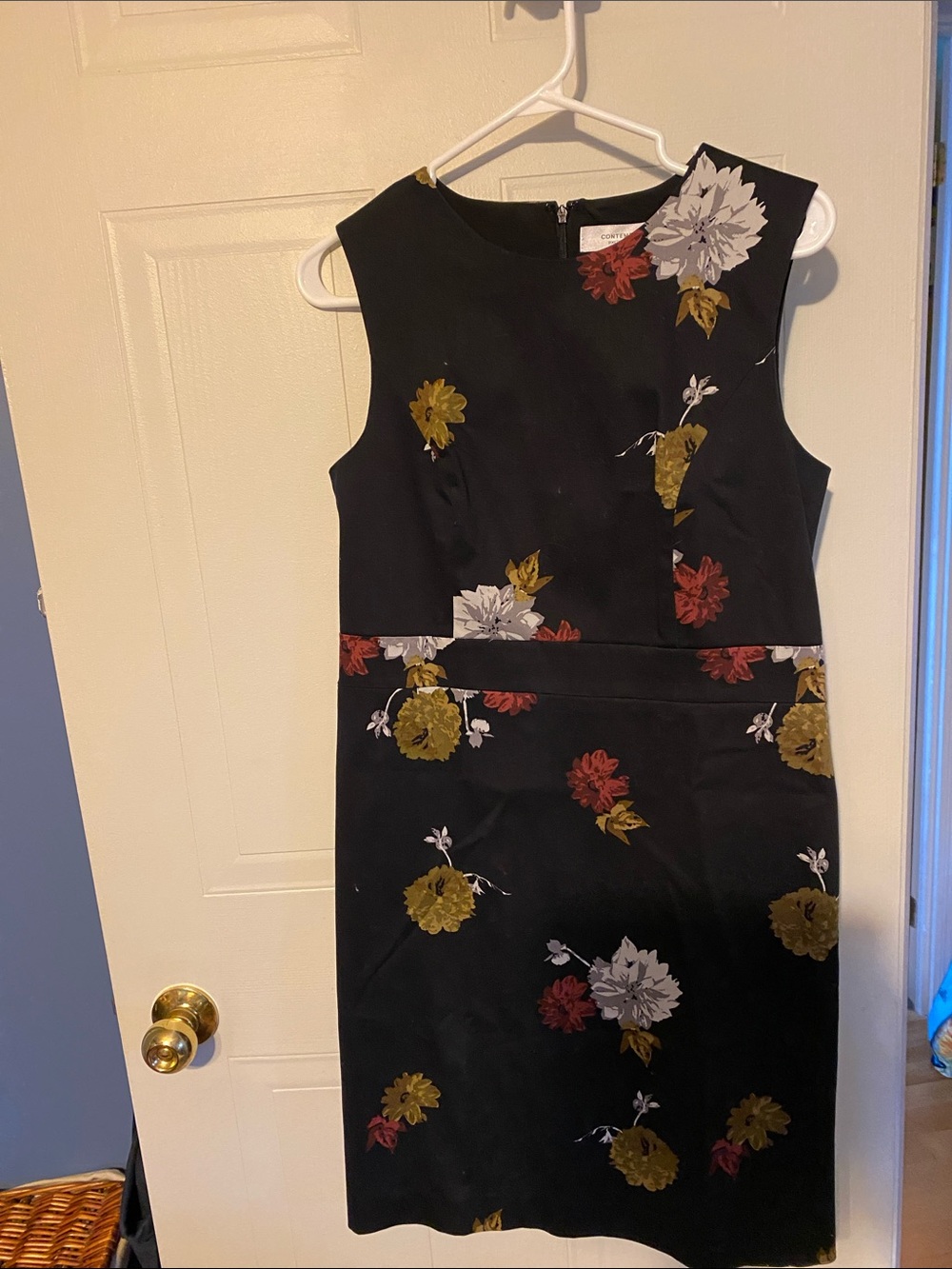 Simons Black Floral Sheath Dress with Red, Mustard & White Blooms
